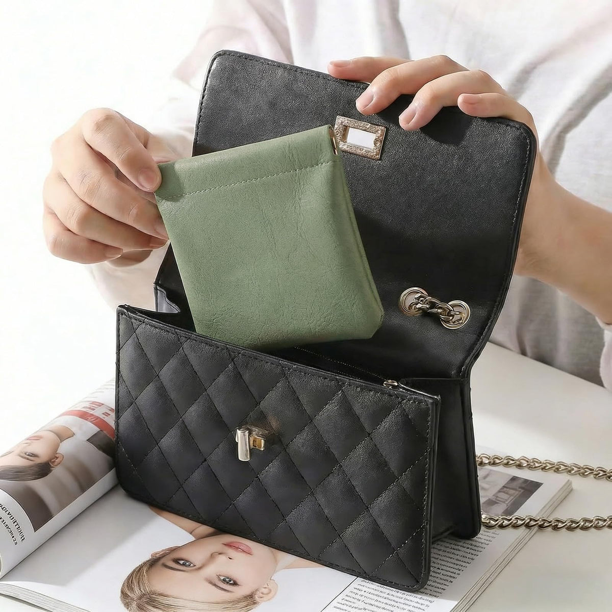 4Pcs Small Makeup Bag for Purse, Mini Leather Pocket Cosmetic Bag for Women, Small Lipstick Purse Pouches for Purse, Small Coin Purse Organizer Pouches, Portable No Zipper Makeup Pouch (Blue, Green)