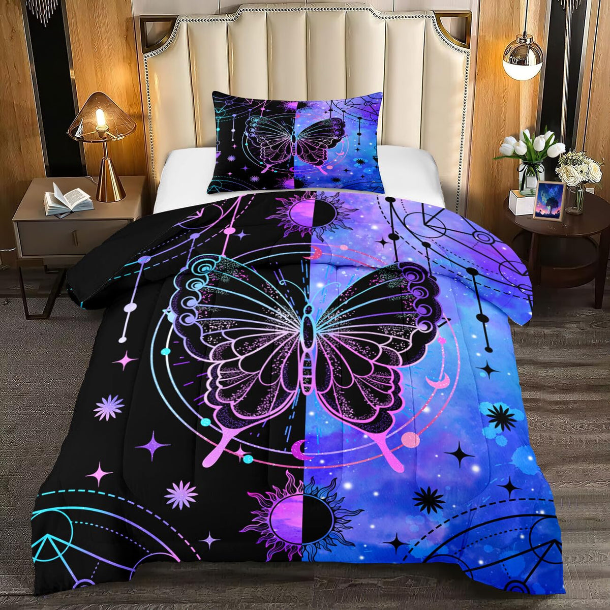 FJKJHKGJ Butterfly Comforter - Butterfly Bed Set - Butterfly Comforter Set for Girls Women Bed Girls Twin Bedding Set Black Blue Butterflies with Sun and Moon Printed Quilt Sets with 1 Pillowcase