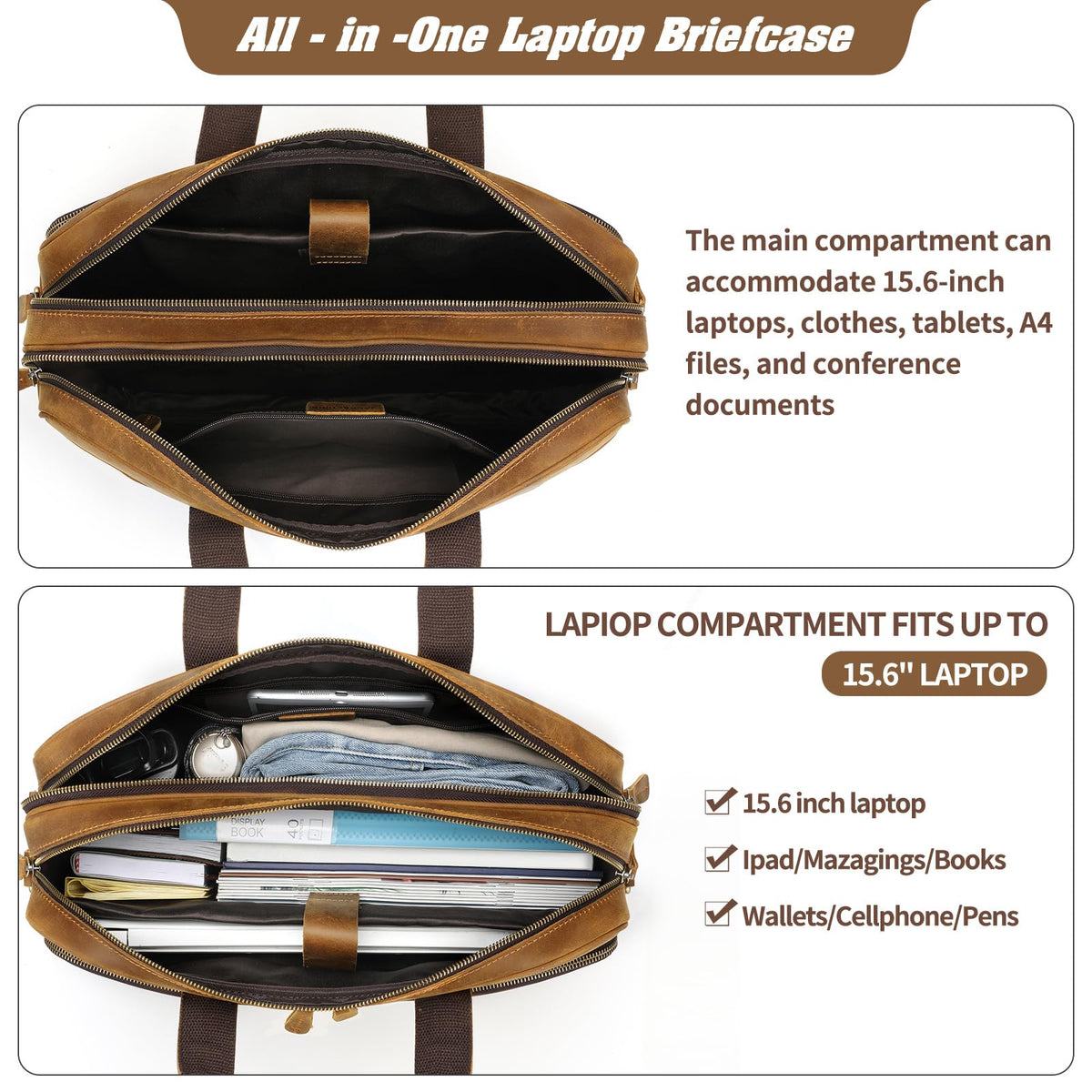 Jack&Chris Full Grain Leather Briefcase for Men,Business Messenger Bag Fits 15.6" Laptop, Vintage Business Messenger Bag with Adjustable Strap, Durable Briefcase with Travel Luggage Strap