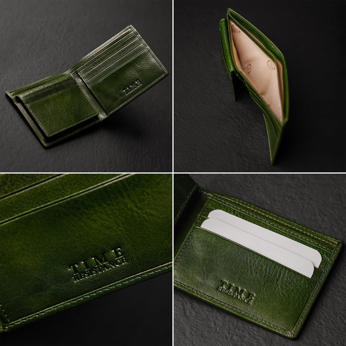 Time Resistance Leather Wallet – Italian Handmade Minimalist Design Wallet - Billfold Credit Card and Cash Holder (Green)