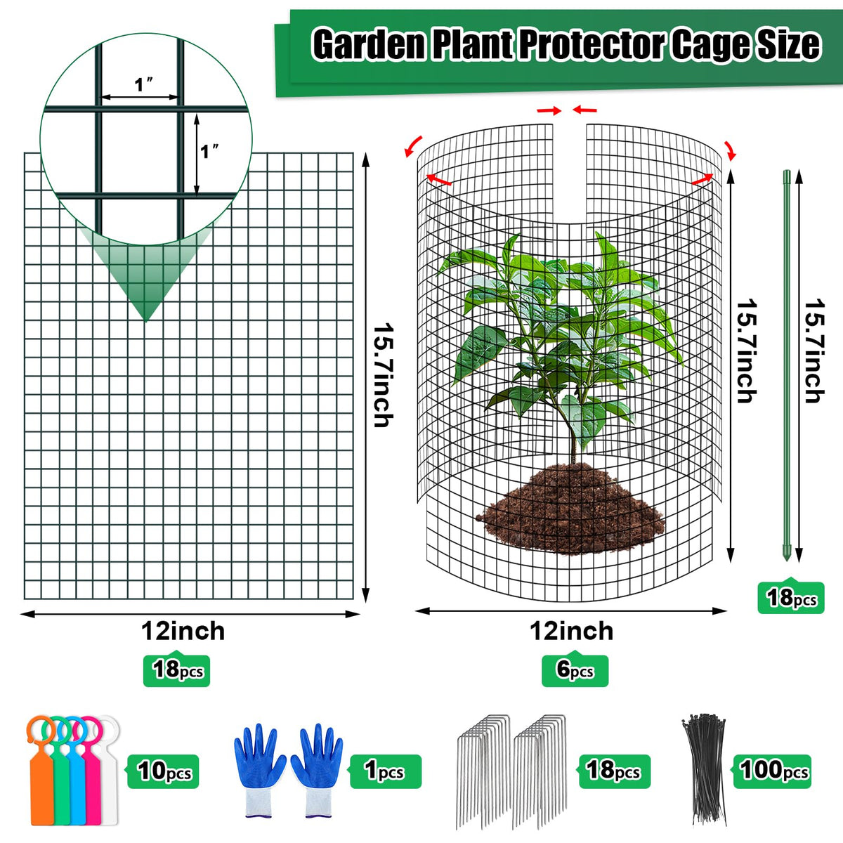 6 Set Wire Plant Protector from Animals - 12"x16" 18Pcs Metal Mesh Plant Cage Covers, Dual Secure with U-Stake & Support, Garden Rabbit Barricade Chicken Wire Cloche for Plants Shrubs Vegetable Flower