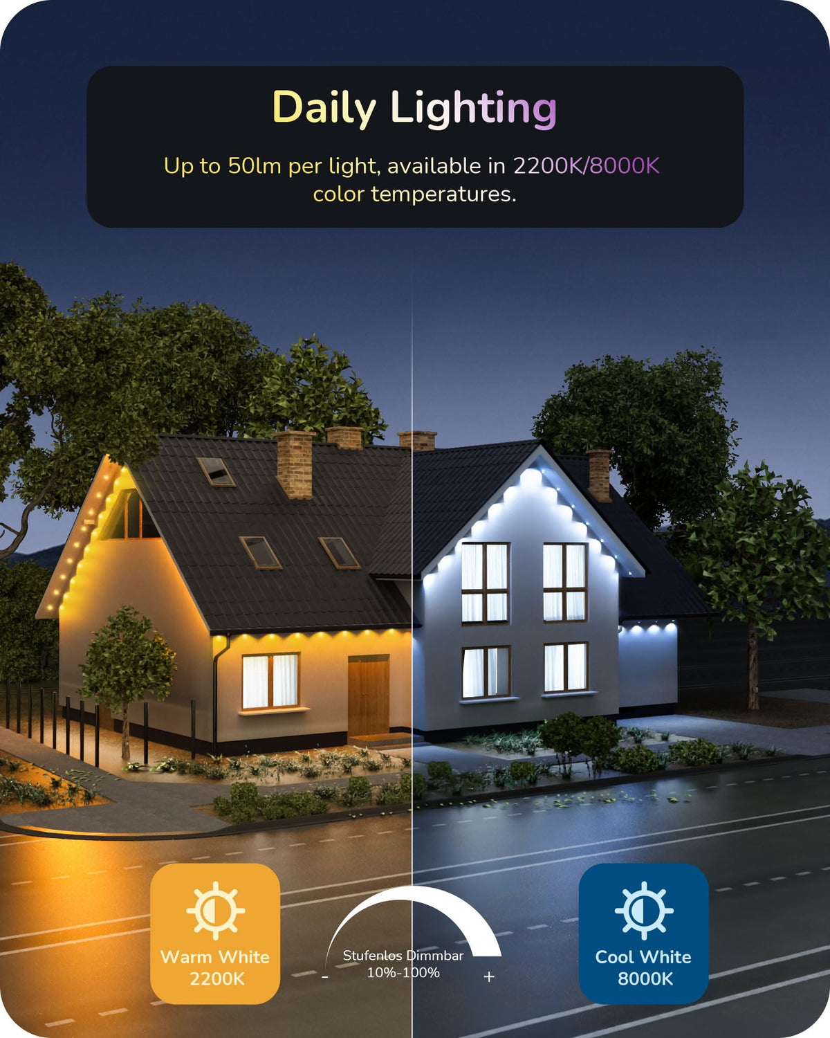 EDISHINE 60ft Outdoor Eave Lights, 40 LED RGBW+Warm/Cool White, Model OL06, Smart Control, IP67, 50 Scene Modes
