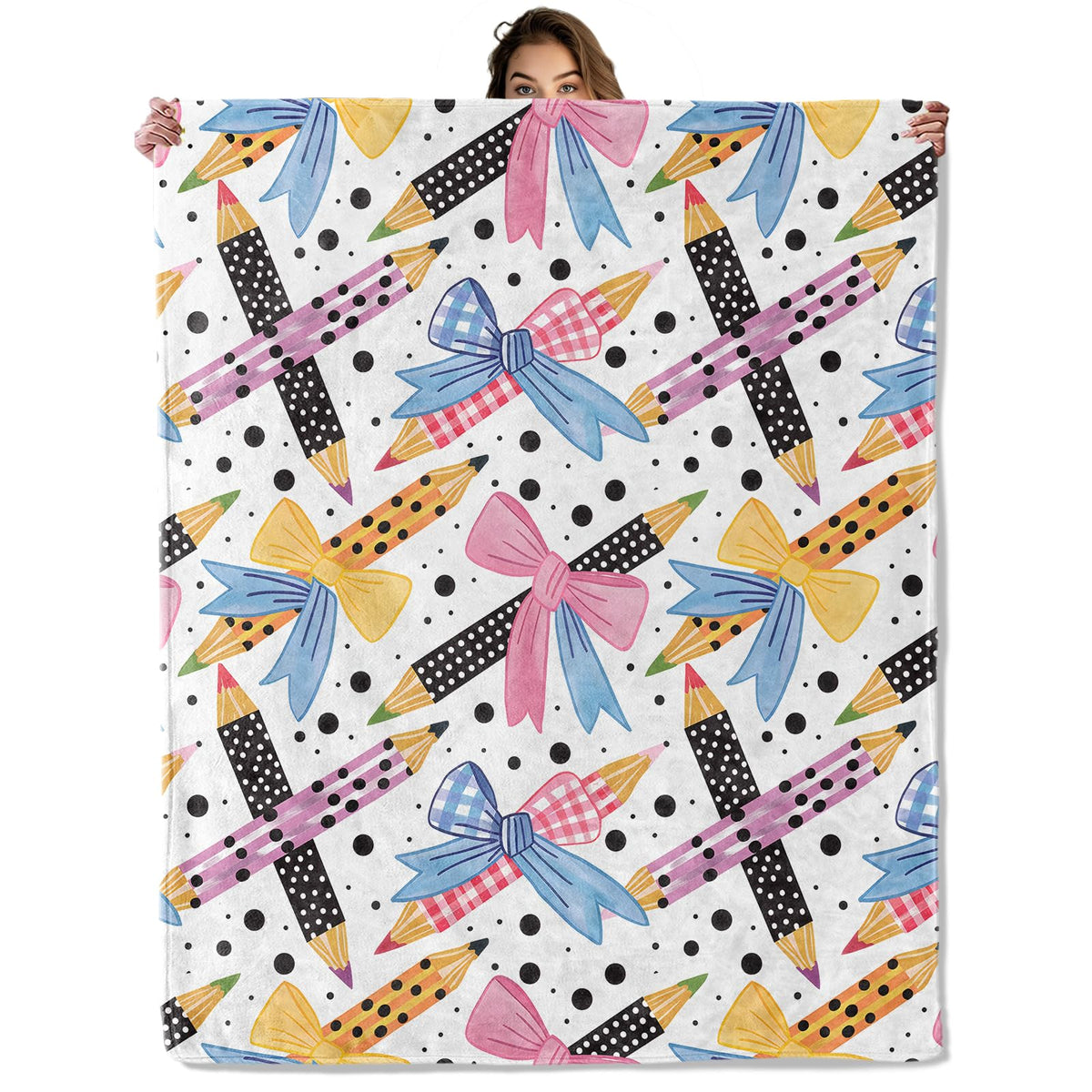 Cute Pencil and Bow Blanket 40x50 in, Flannel Throw Blankets for Travel Camping Sofa Living Room Decor, Lightweight Cozy Soft Fuzzy Gifts for Women Adults Kids
