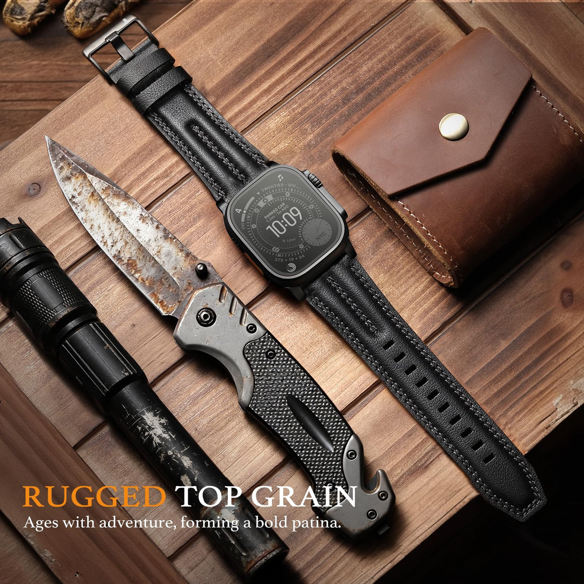 Tlselt Leather Band for Apple Watch Ultra Band 49mm/46mm/45mm/44mm/42mm-Ultra 3 2 1, Series 11 10 9 8 7 6 5 4 3, SE 3 2 1, for iWatch Handcrafted Band Men Genuine Leather Rugged Vintage Strap