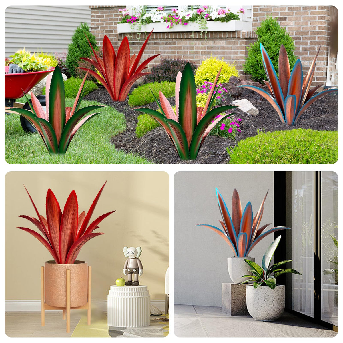 TOMBABY Enlarge Thickened Wind Resistant Metal Agave Garden Art Metal Plant Country Garden Sculpture Statue Outdoor Decoration Agave Metal Plant Courtyard Lawn Ornament Gift (2, 12 Leaves red)