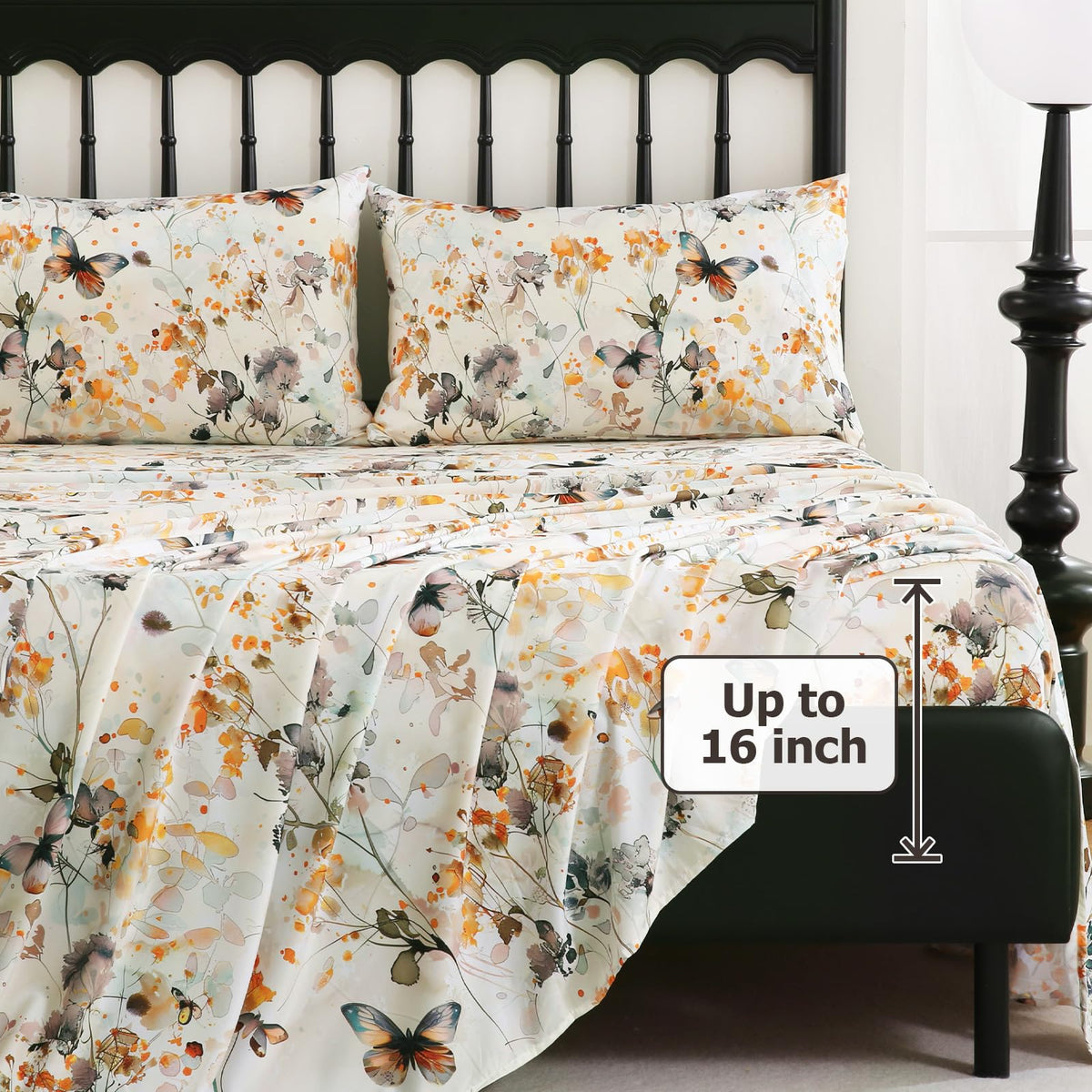 CozySmile Floral Printed Sheet Set King Size 4 Piece,Soft & Breathable Deep Pocket 16" Cooling Wrinkle Free Comforter Bed Set Botanical Pattern Sheets (King, Butterflies Dancing)
