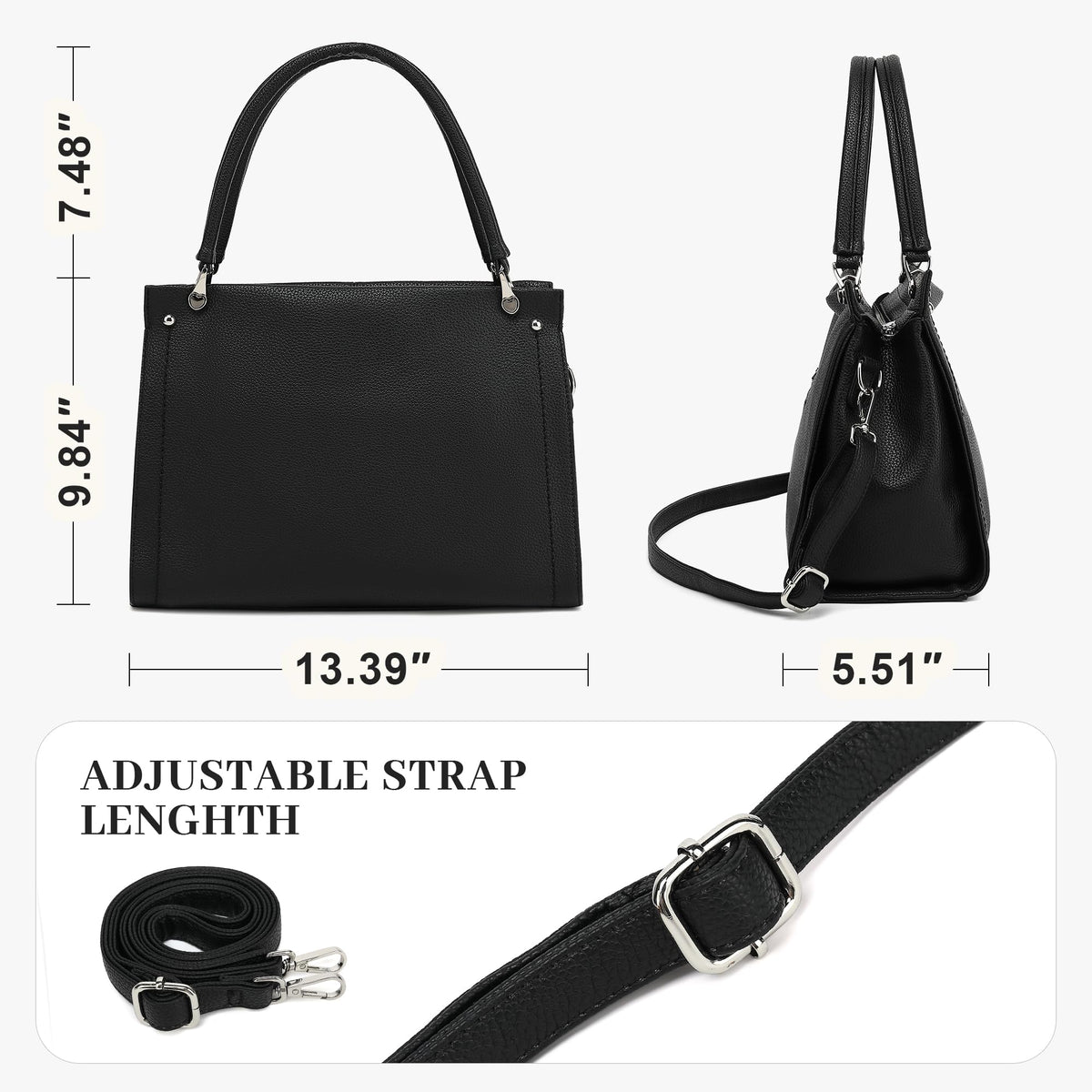 KOGTLA Lychee-textured Leather Purses for Women, Sturdy Ladies Vegan PU Handbags with Adjustable Satchel Strap, Tote Hobo Shoulder Bags Black