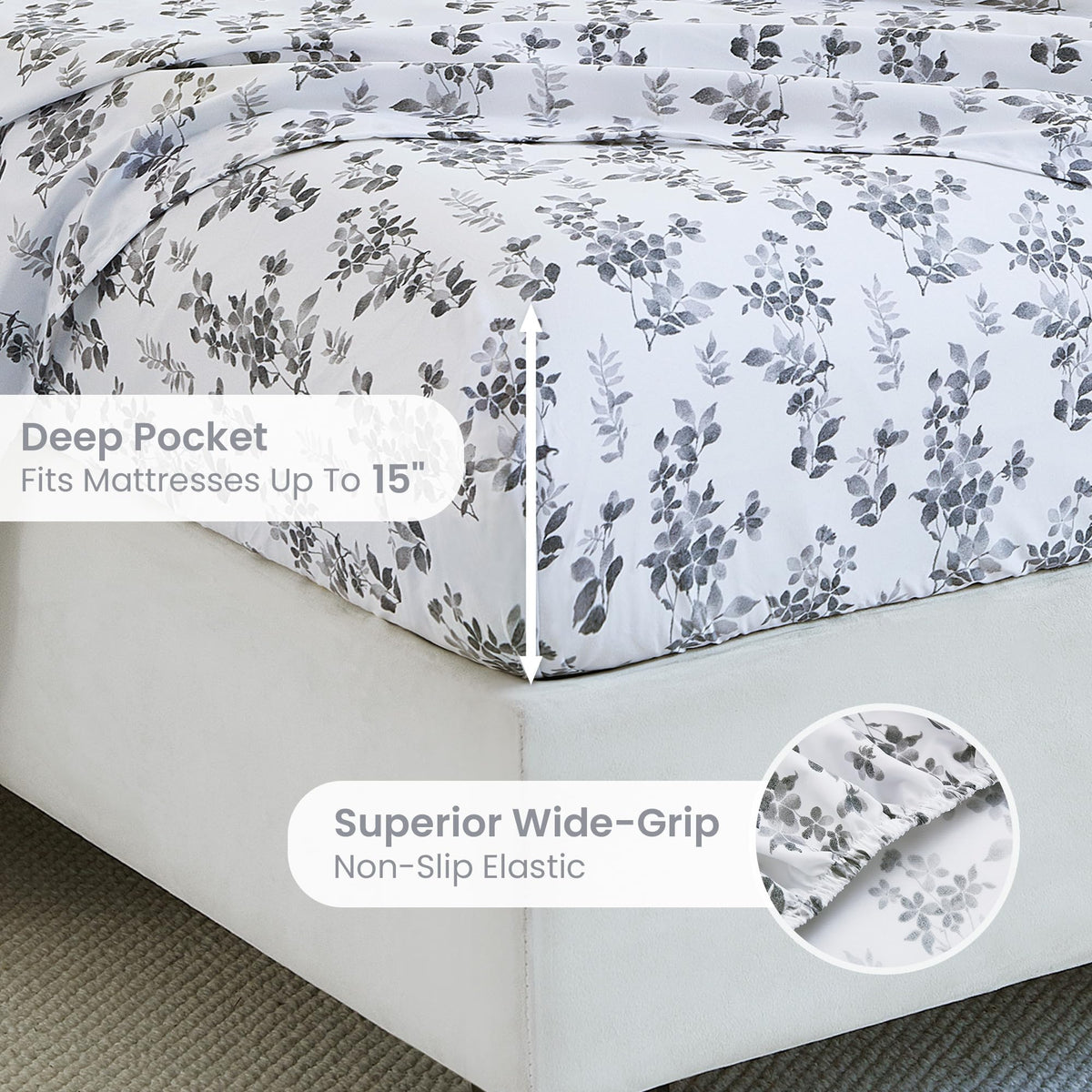 Mooreeke Cozy Vintage Microfiber Printed Full Sheet Set - Soft Breathable Percale Cotton Floral Bed Sheets with Deep Pocket - Non-Slip Fitted Design - Gradient Grey Small Flowers Pattern
