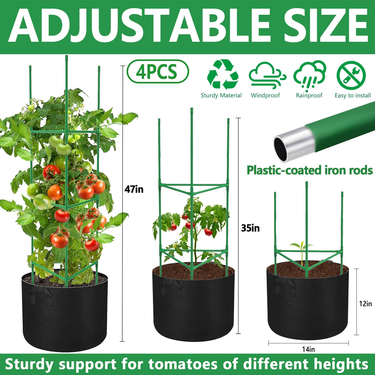 4 Packs 47 x 12 Inch Garden Tomato Cages with Grow Bags- Triangle Plant Support Trellis Assembled with Planter Bags- Garden Cucumber Vegetables Frames for Vertical Climbing Plants