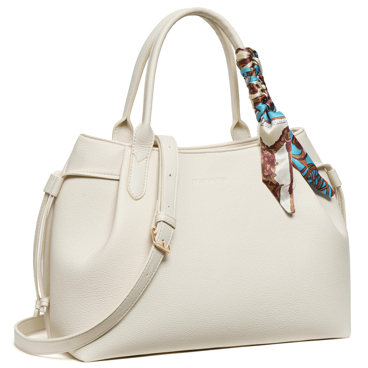 BOSTANTEN Silk Scarf Satchel bags Vegan Leather Purses for women Medium Work Tote bag with Removable Strap Off White