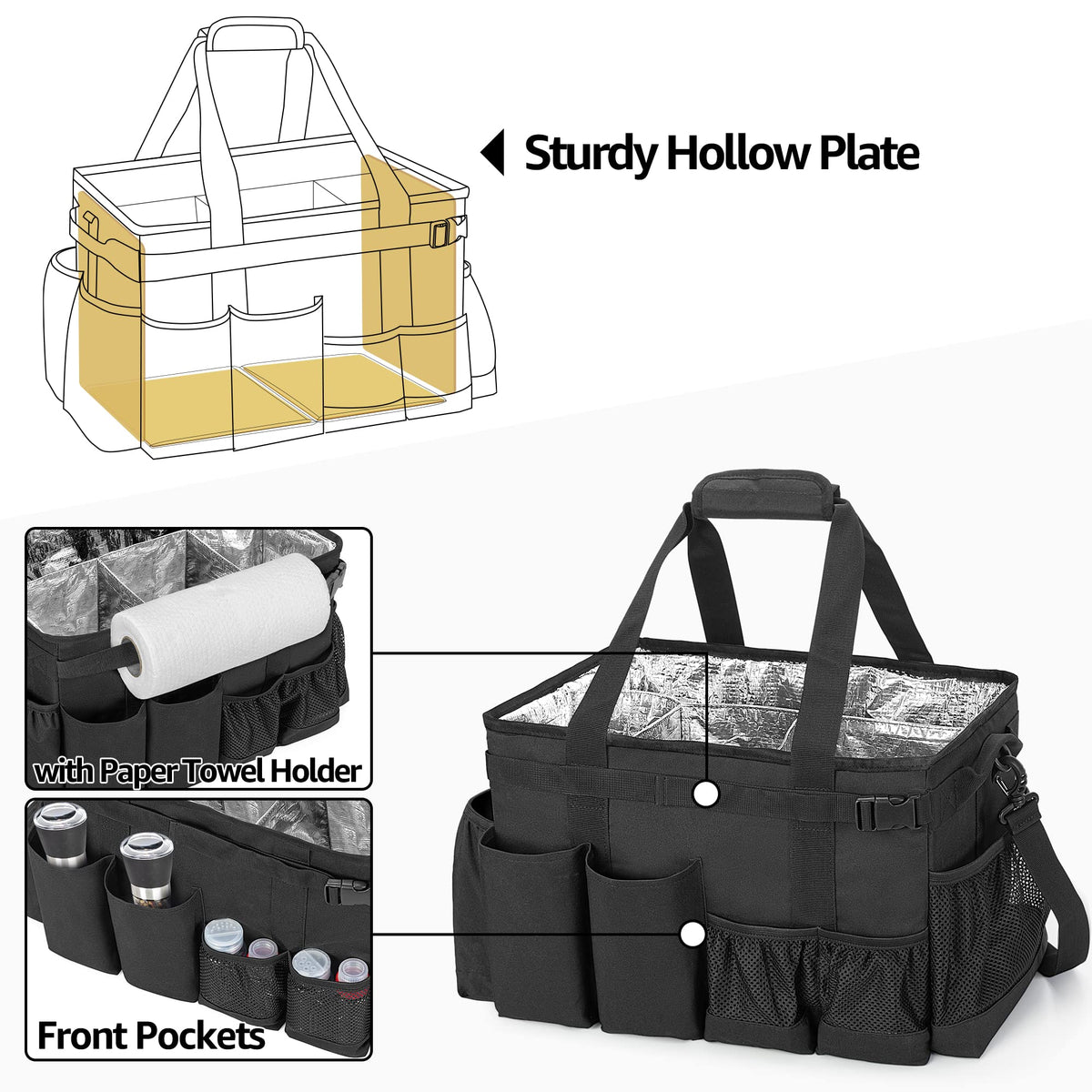 HODRANT Large Grill Utensil Caddy with Paper Towel Holder, Outdoor Picnic Bag Organizer for BBQ Supplies Tool, Tailgating Accessory Basket Camping Gear Must Haves for Cook Essentials, Black, Bag Only