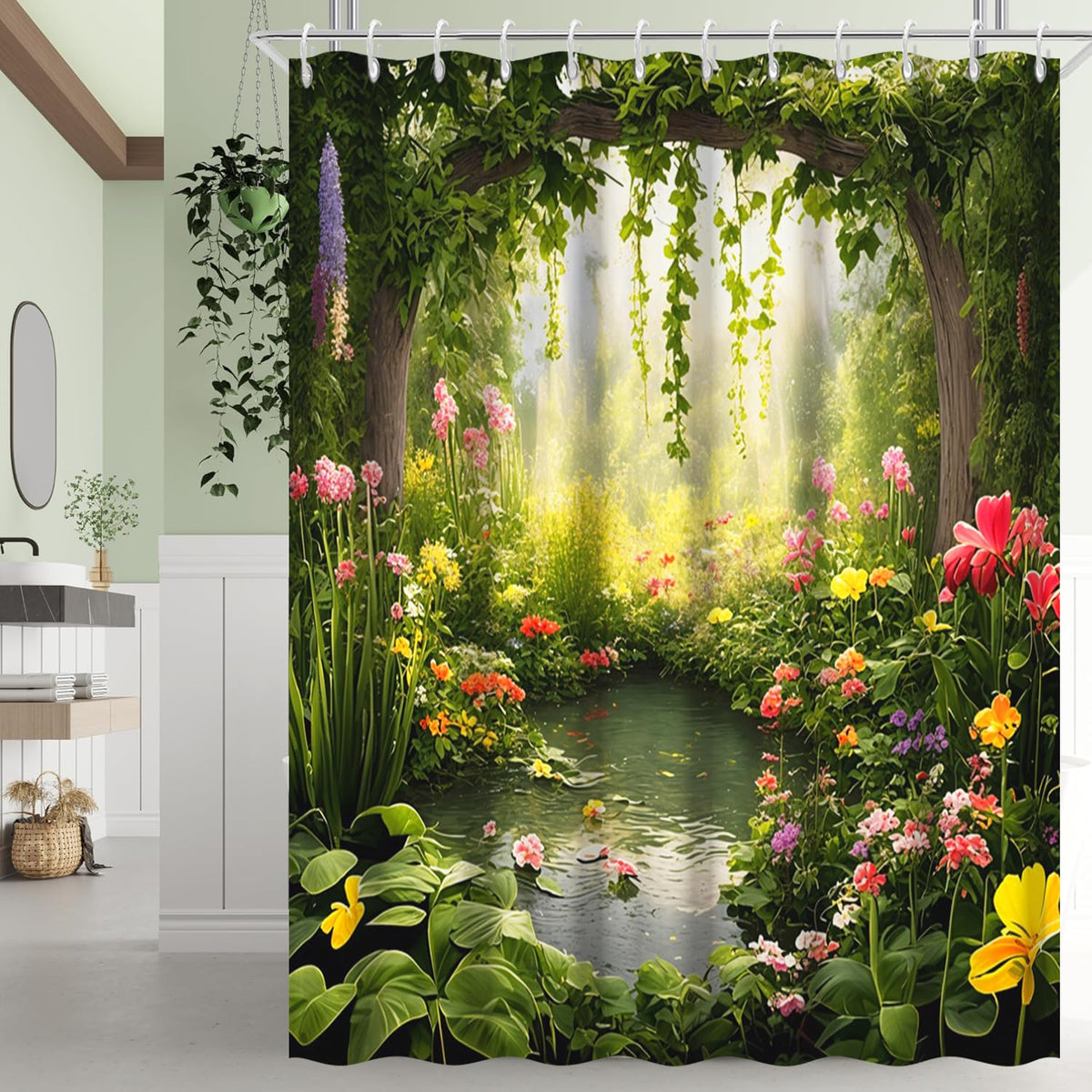 Ruelvth Enchanted Forest Shower Curtain, Nature Green Botanical Shower Curtains with Hooks Spring Floral and Leaves Waterproof Bathroom Decor, 72x72 inch