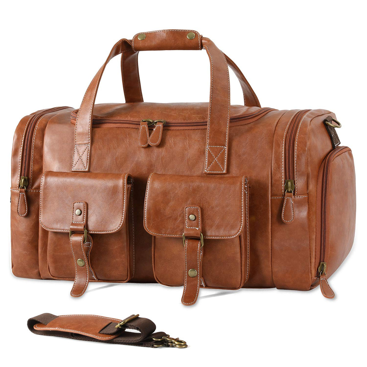 Zeroway PU Leather Travel Duffel Bag with Shoe Pouch Large Carry on Bag Waterproof Weekender Overnight Bag for Men Women Brown