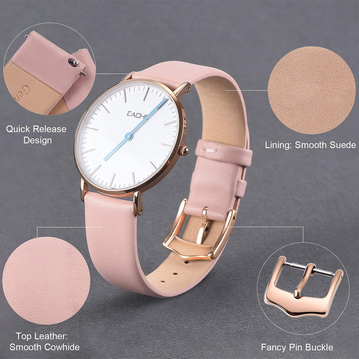 EACHE Women Pink Leather Watch Bands 14mm Quick Release Thin Leather Watch Straps for Ladies With Rose Gold Buckle