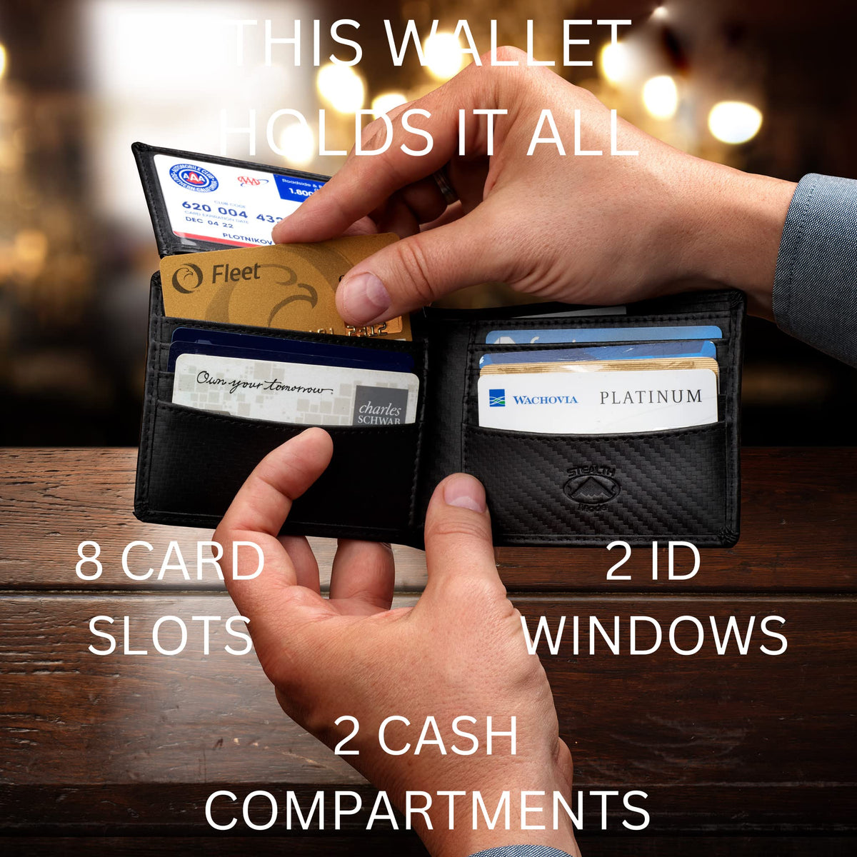 Stealth Mode Black Leather Bifold Wallet for Men With ID Window and RFID Blocking, One Size