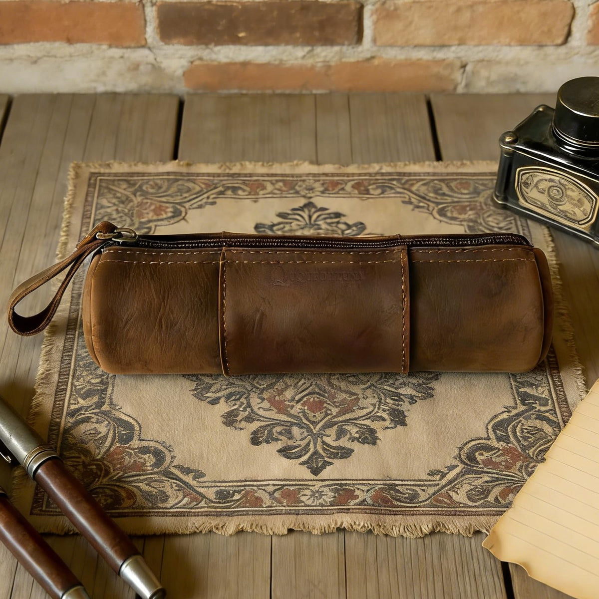 ququfortuna leather pencil case set -2pcs full grain leather zippered pen pouch bag, handmade stationery storage, elegant gift with high-end pencil pouch (brown set) (SET)