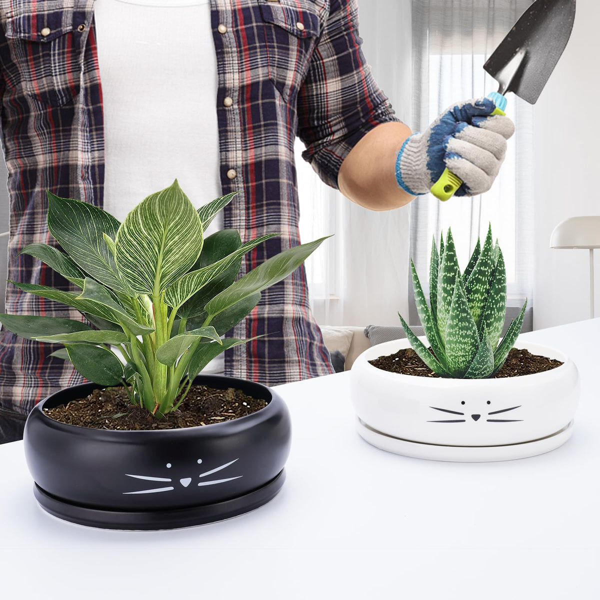 Koolkatkoo 8 Inch Cat Ceramic Succulent Planter Pot with Drainage Hole and Tray Flower Pot for Indoor and Outdoor Plants Round Shallow Planter Gifts for Cat Lovers Black