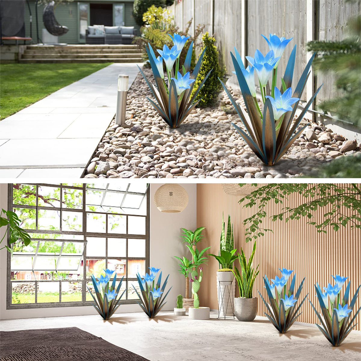 Homight Metal Agave Plant Outdoor Decoration Lily Mexican Yard Art Garden Gift Home Decor Hand Painted Metal Agave Garden Yard Statue, Outdoor Lawn Ornaments (2 Big Blue Lilies)