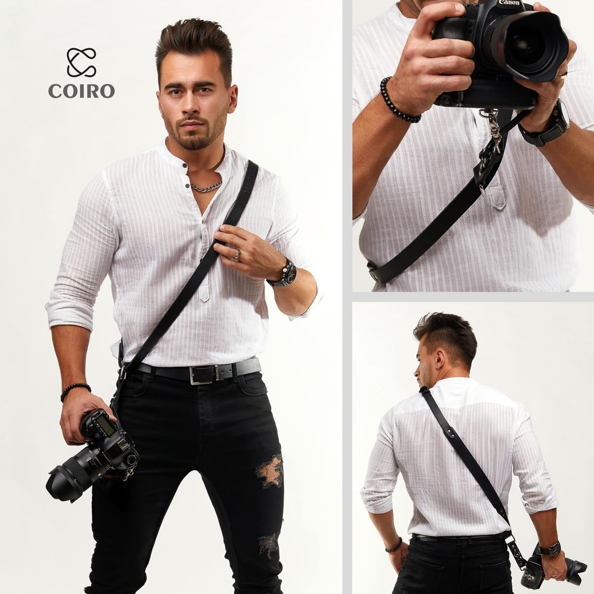 C Coiro Leather Camera Strap for One Camera - Professional Single Leather Harness Shoulder Strap Quick Release Gear DSLR/SLR, Camera Accessories for Photography, Black
