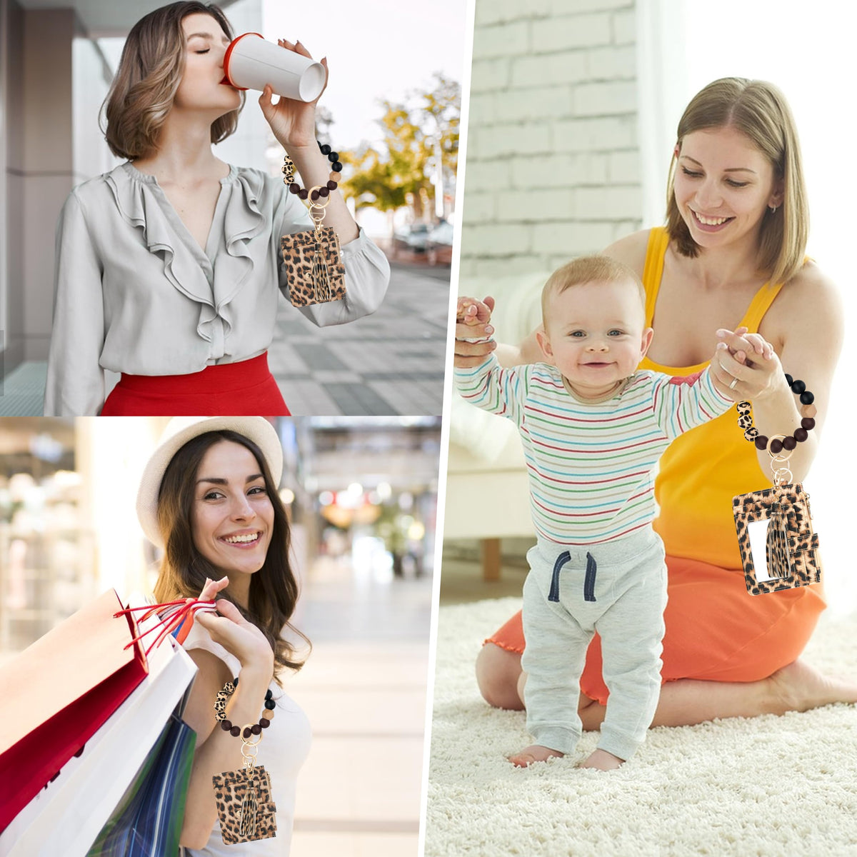 KNGITRYI Wallet Keychain Wristlet for Women,Slim RFID Credit Card Holder Purse Tassel Keychain Bangle Key Ring for Men Women(Leopard)