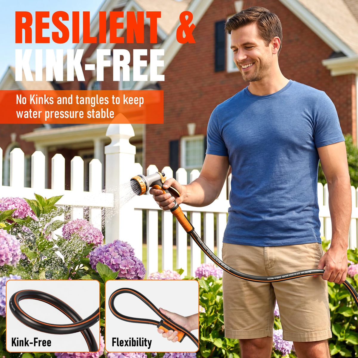 Garden Hose 50 ft x 5/8", Heavy Duty Water Hose, Flexible and Durable, Kink Resistant Lightweight Hybrid Hose, Leakproof Yard Hose with Male to Female Fittings