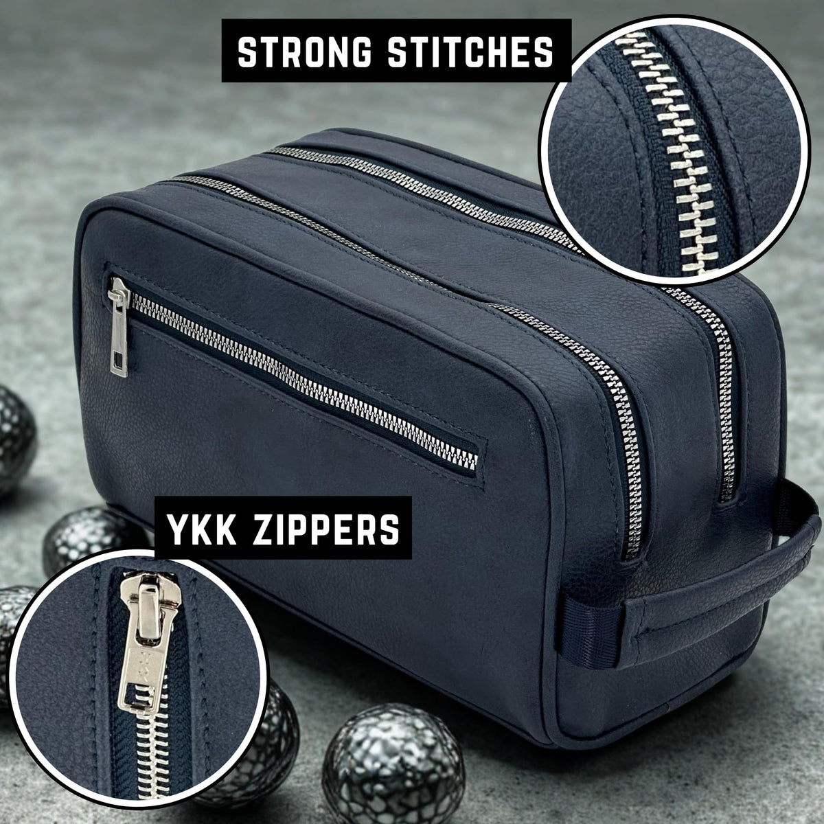 Toiletry Bag For Men, Premium PU Leather Dopp with Metal Zippers & Bottom Studs, Waterproof Grooming Kit for Men, Mens Birthday Gift, Includes Velvet Dust Bag & Shape-Retention Stuffing / NAVY BLUE