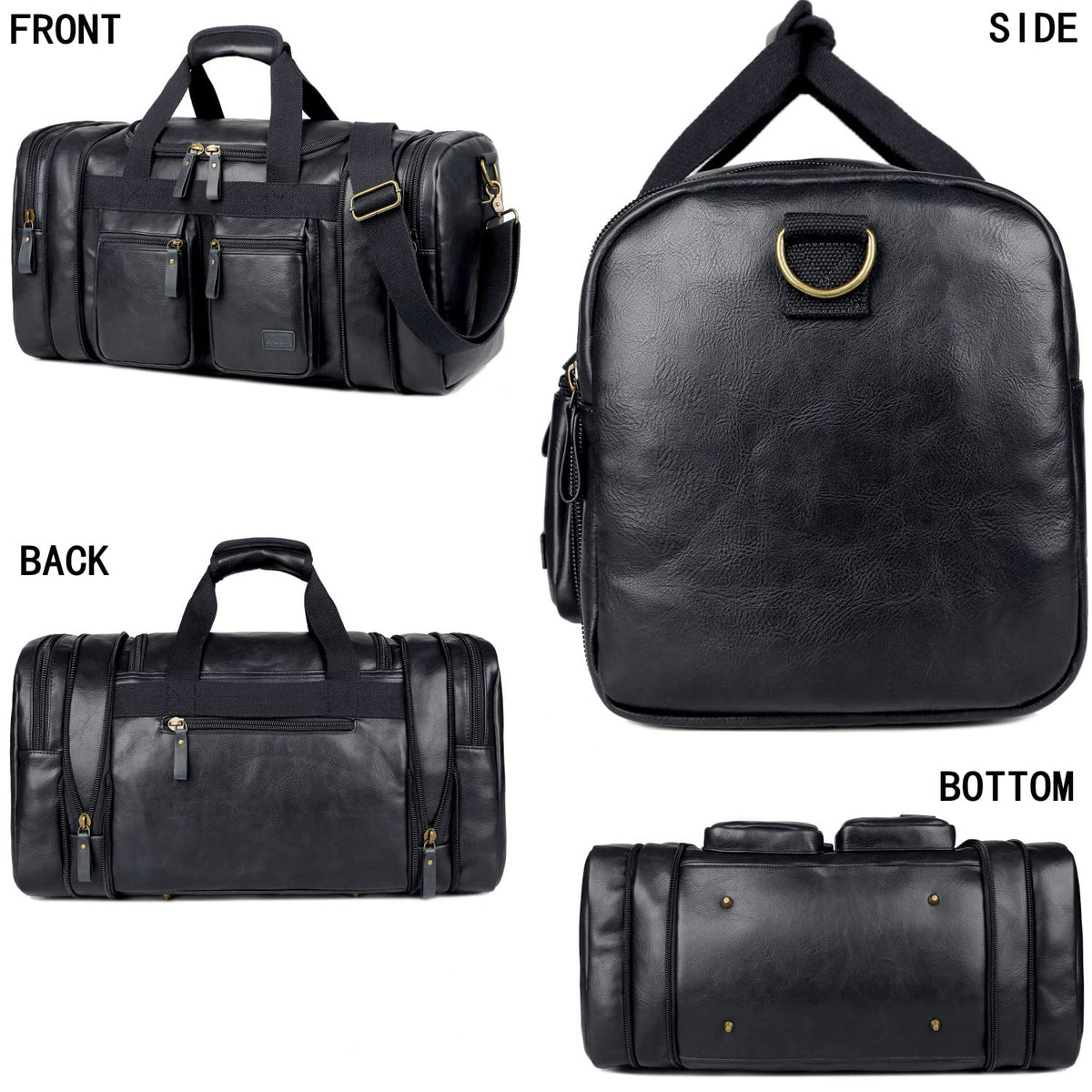 Vegan Leather Travel Duffel Weekender Bag Carry on Overnight Bag Sports Duffel bag For men and Women HB-21 (Black)