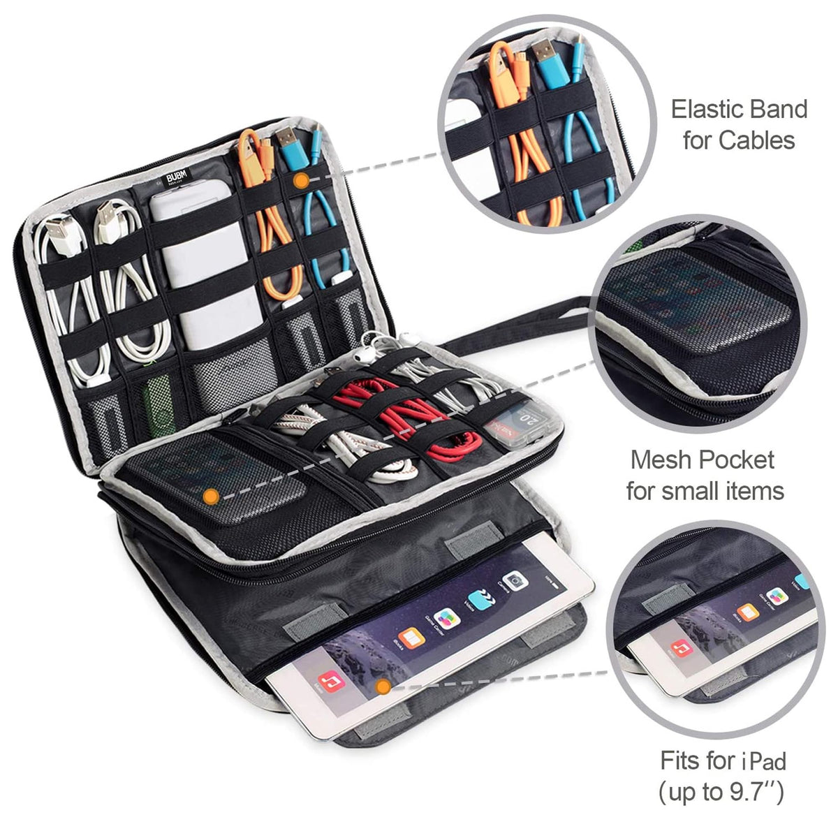 BUBM Double Layer Electronics Organizer/Travel Gadget Bag For Cables,Memory Cards,Flash Hard Drive and More,Fit For iPad Or Tablet(Up To 9.7")--Large, Black