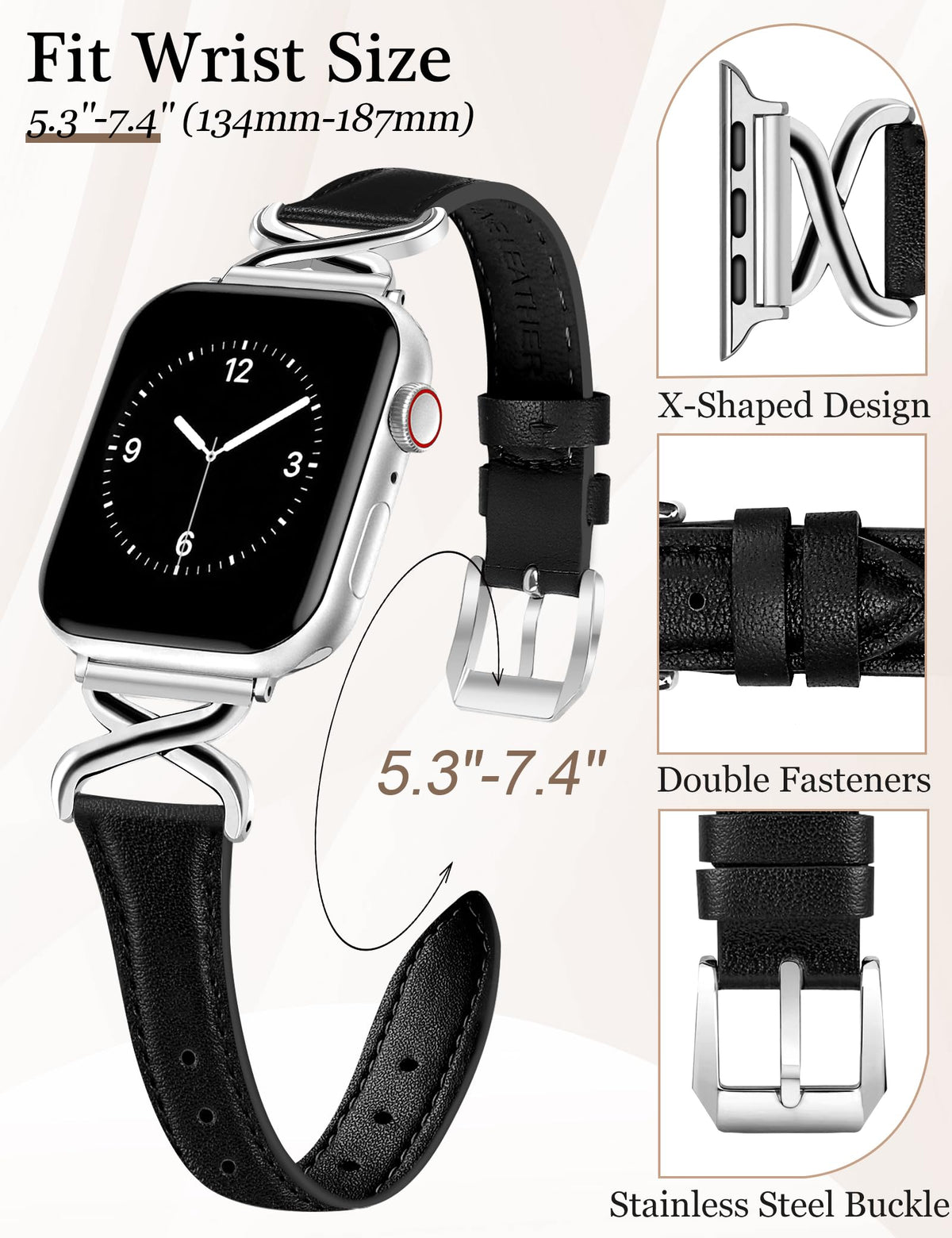 JR.DM Leather Bands Women Compatible with Apple Watch 40mm 38mm 44mm 45mm 41mm 42mm 46mm 49mm Dressy Slim Fancy Strap with X-Shaped Metal Crown for iWatch Series Ultra/SE/11/10/9/8/7/6/5/4/3/2/1 Black