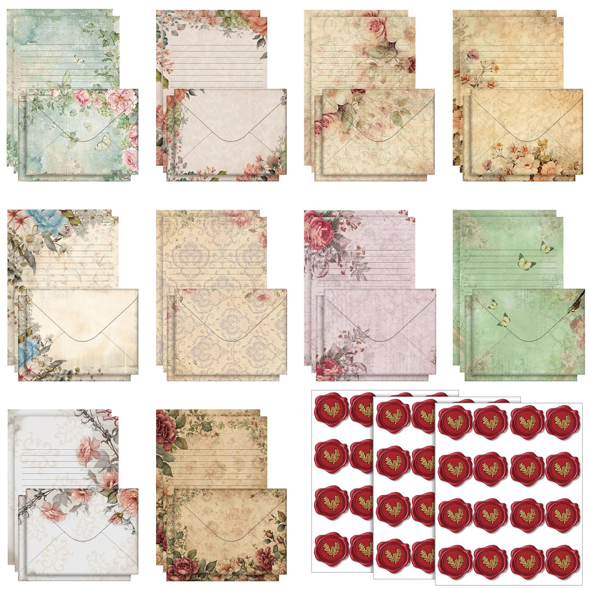 TaoBary 160 Pcs Stationery Paper Set 50 Double Sided Stationery Papers with 50 Matching Envelopes and 60 Round Dot Sticker, 10 Design(Vintage Floral,5.5 x 8.25 Inch)