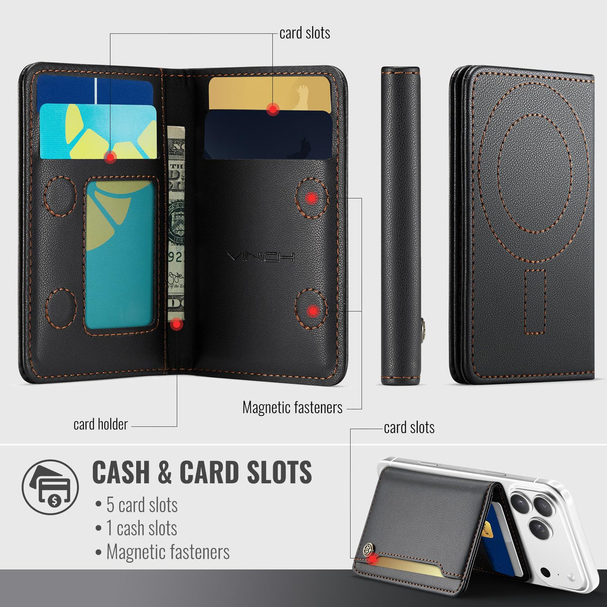 Vinich for MagSafe Wallet Magnetic RFID Blocking Card Holder Compatible with MagSafe Phones and Cases, Strong Magnet Minimalist Phone Wallet for iPhone 17/16/15/14/13/12/ Pro/Max/Plus, Black