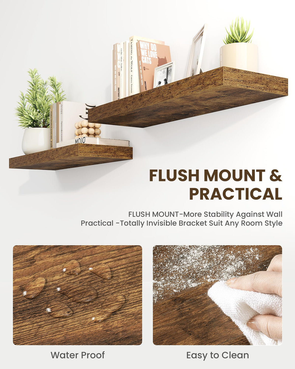 Marsmiles 72" Floating Shelves for Wall, Wooden Shelves with Invisible Brackets Set of 2, Rustic Farmhouse Wall Mounted Shelf for Kitchen Bathroom Living Room Study, Rustic Brown