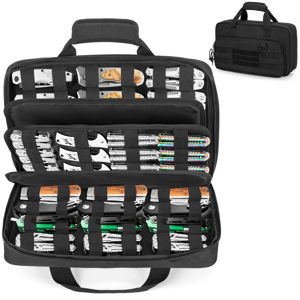 samdew Knife Display Bag for 74+ Pocket Knives, Butterfly Knife Storage Case with 3 Different Size Slots, Folding Knife Organizer Holder, Knife Collection Box with Hard PE Board, Soft Bag Only