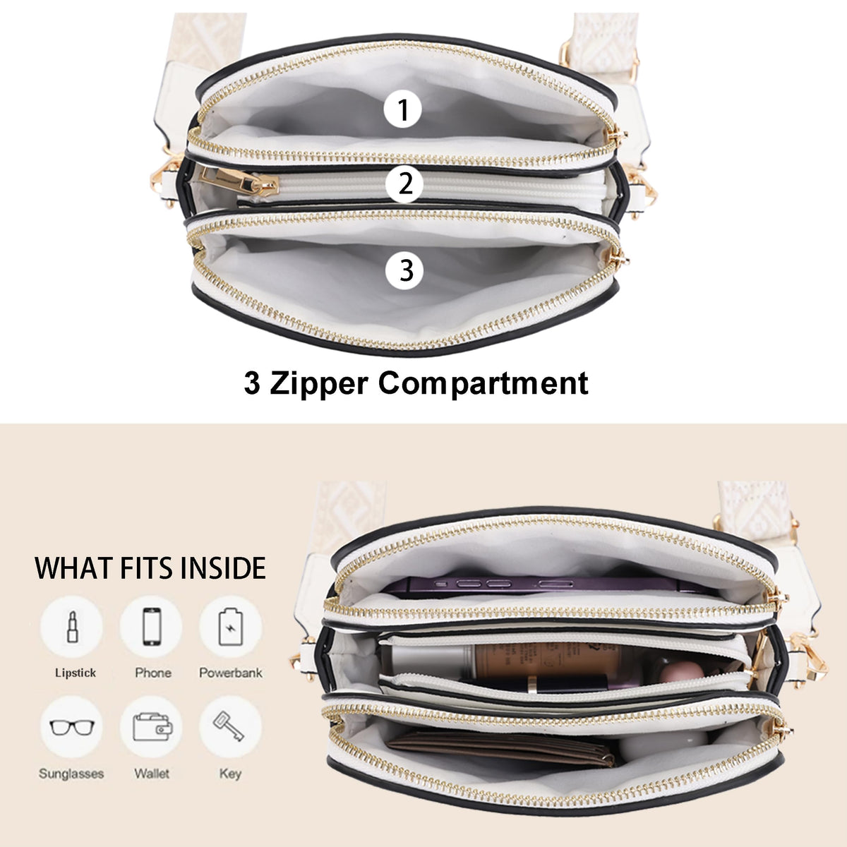 EVVE Crossbody Bags for Women Trendy Small Crossbody Camera Bag Purse Vegan Leather Triple Zip Crossbody Purses with Extra Long Webbing Strap| WT
