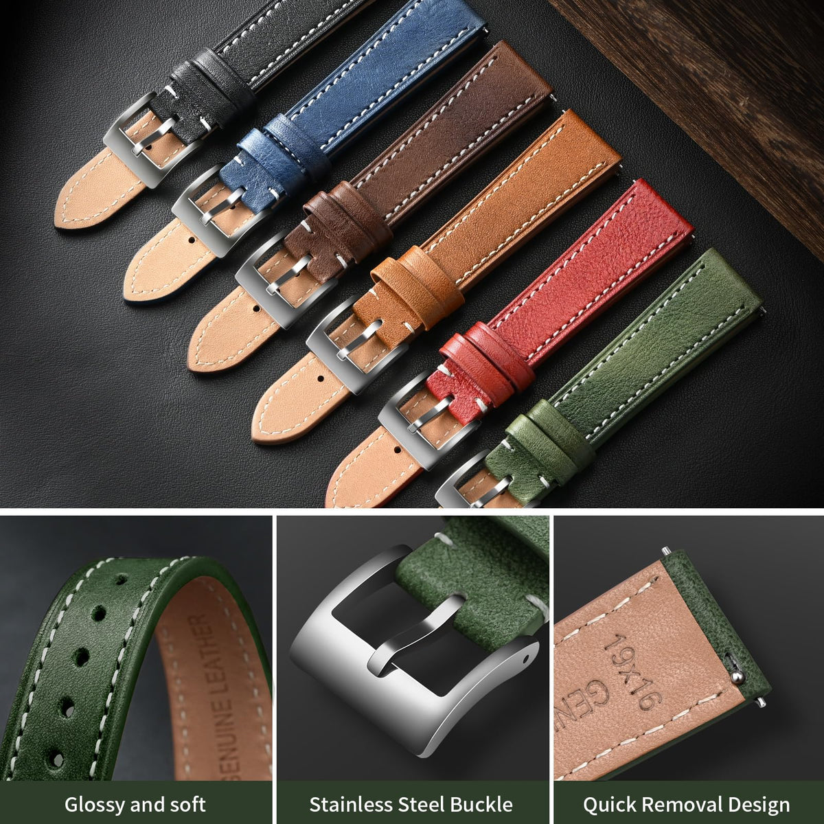 ULLCHRO Leather Watch Straps for Men & Women - Quick Release - Stainless Steel Buckle - Replacement Strap - Band With 17mm, 18mm, 19mm, 20mm, 21mm, 22mm (20mm, Green)