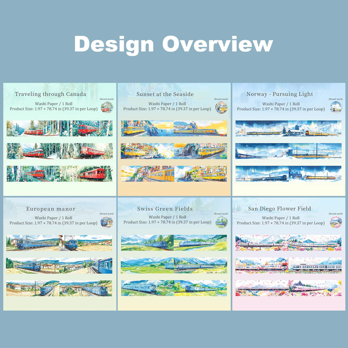 AuriicLeaf Train Scenery Washi Tape Set – 6 Rolls Travel & Nature Inspired with Clip for Scrapbook Journals DIY Crafts Decoration 1.97"x78.7" 39.37in per Loop