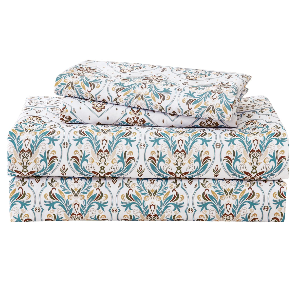 ChicView Queen Size Paisley Printed Sheet Set,4 Pieces Boho Style Breathable Soft Microfiber Bedsheets, Anti Pilling Deep Pockets Easy Care Bed Sheets, White Green