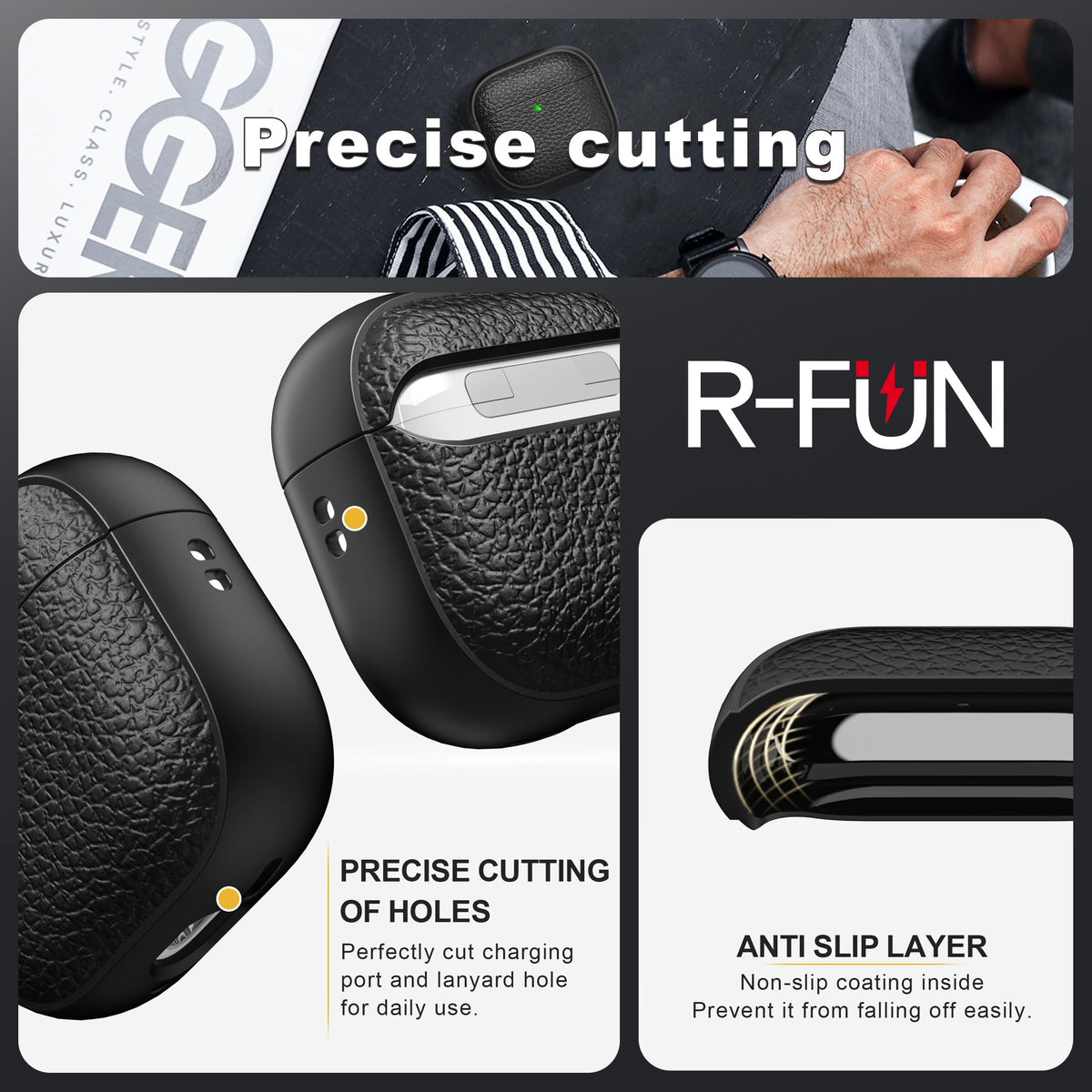 R-fun for Airpods 4 Case, Soft TPU (Leather-Like Design) Drop Protection Cover for Men and Women with Lanyard and Cleaner Kit, Compatible with Apple Latest Airpods 4th Gen(USB-C)(2024)-Black