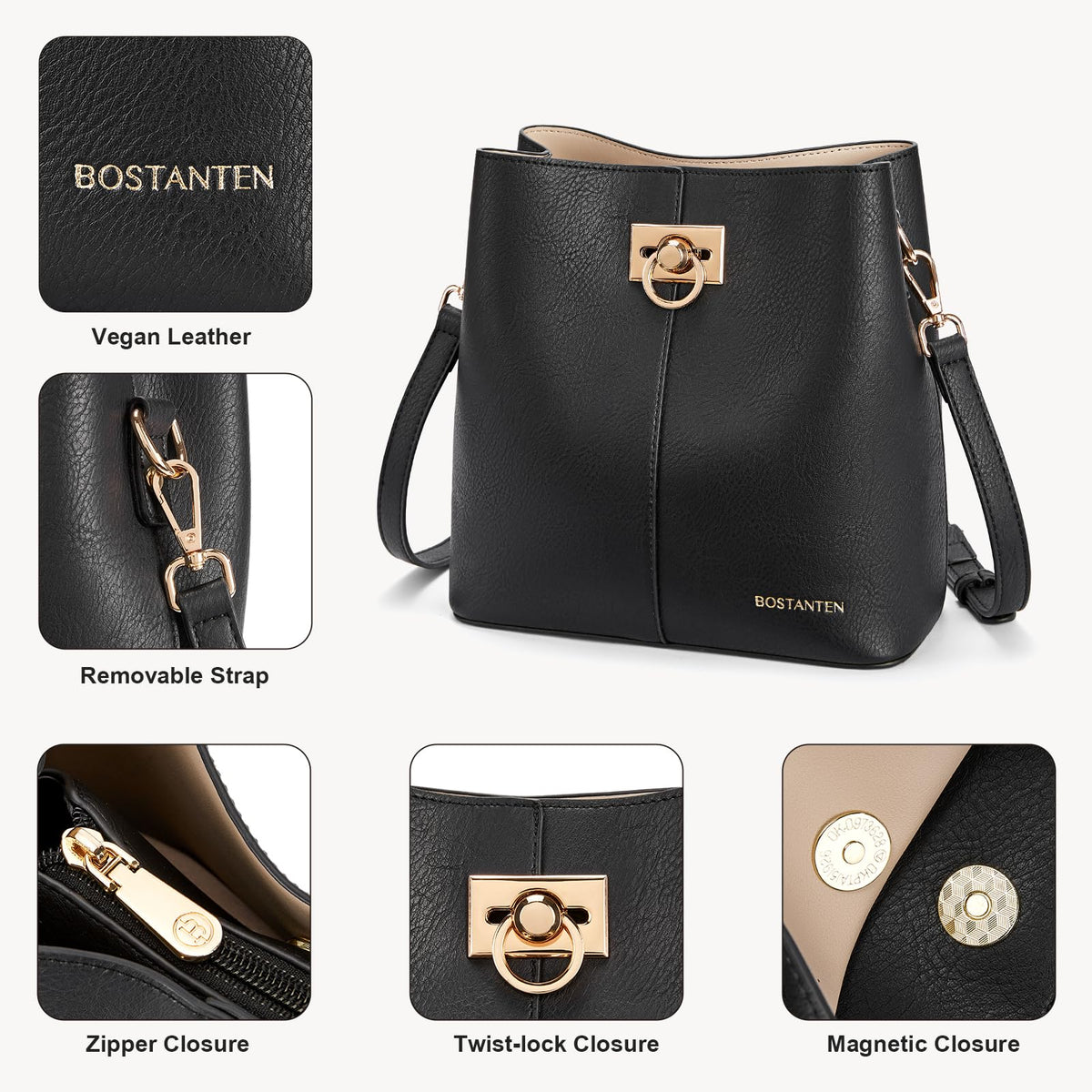 BOSTANTEN Crossbody Bucket Shoulder Bags for Women Vegan Leather Purse Cross Body Handbag Multiple Pockets Black