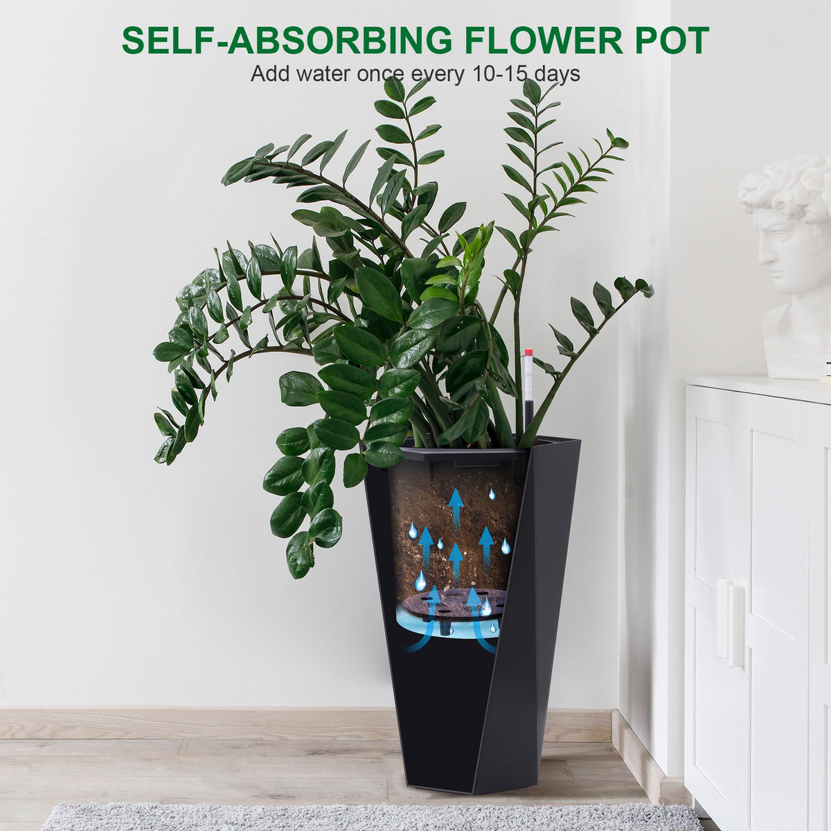 22.4" Black Tall Planters Outdoor Set of 2, Large Black Flower Pots Outdoor with Drainage Holes & Automatic Watering System, Modern Large Resin Planters for Outdoor Plants, Front Porch, Deck, Diamond