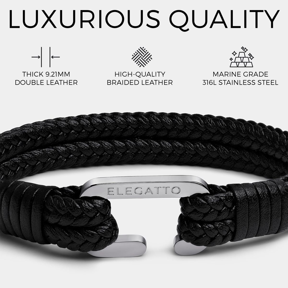 Elegatto Meraki Premium Double Braided Leather Bracelet for Men | Full-Grain Leather with Silver Polished Stainless Steel C-Clasp | Men’s Designer Bracelets