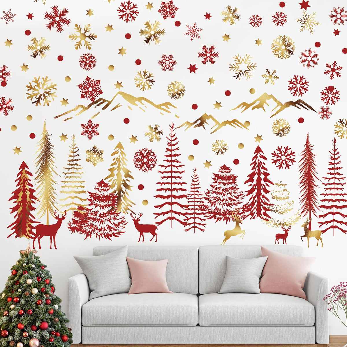 Teling 8 Pieces Winter Snowflake Wall Decals Stickers Dreamy Nursery Forest Woodland Trees Deer Pine Tree Wall Decals for Kids Room Winter Decor(Red, Gold)