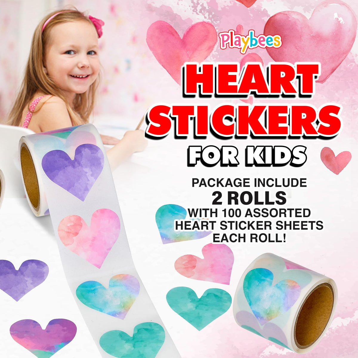 Playbees Watercolor Heart Stickers for Kids - 200 Pack of Rainbow Heart Themed Designs - Valentine’s Day Kids Educational Arts and Crafts, Scrapbooking, Teacher Awards, Classroom Prize, Encouragement