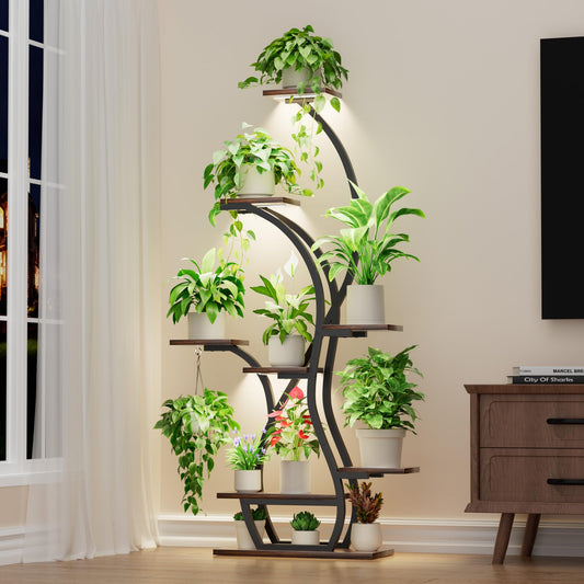Plant Stand Indoor with Grow Lights - 65" Corner Plant Shelf Indoor, 8 Tiered Tall Lighted Plant Stands for Indoor Plants, Flower Stands Display Holder for Living Room, Bedroom, Patio Decor, Black