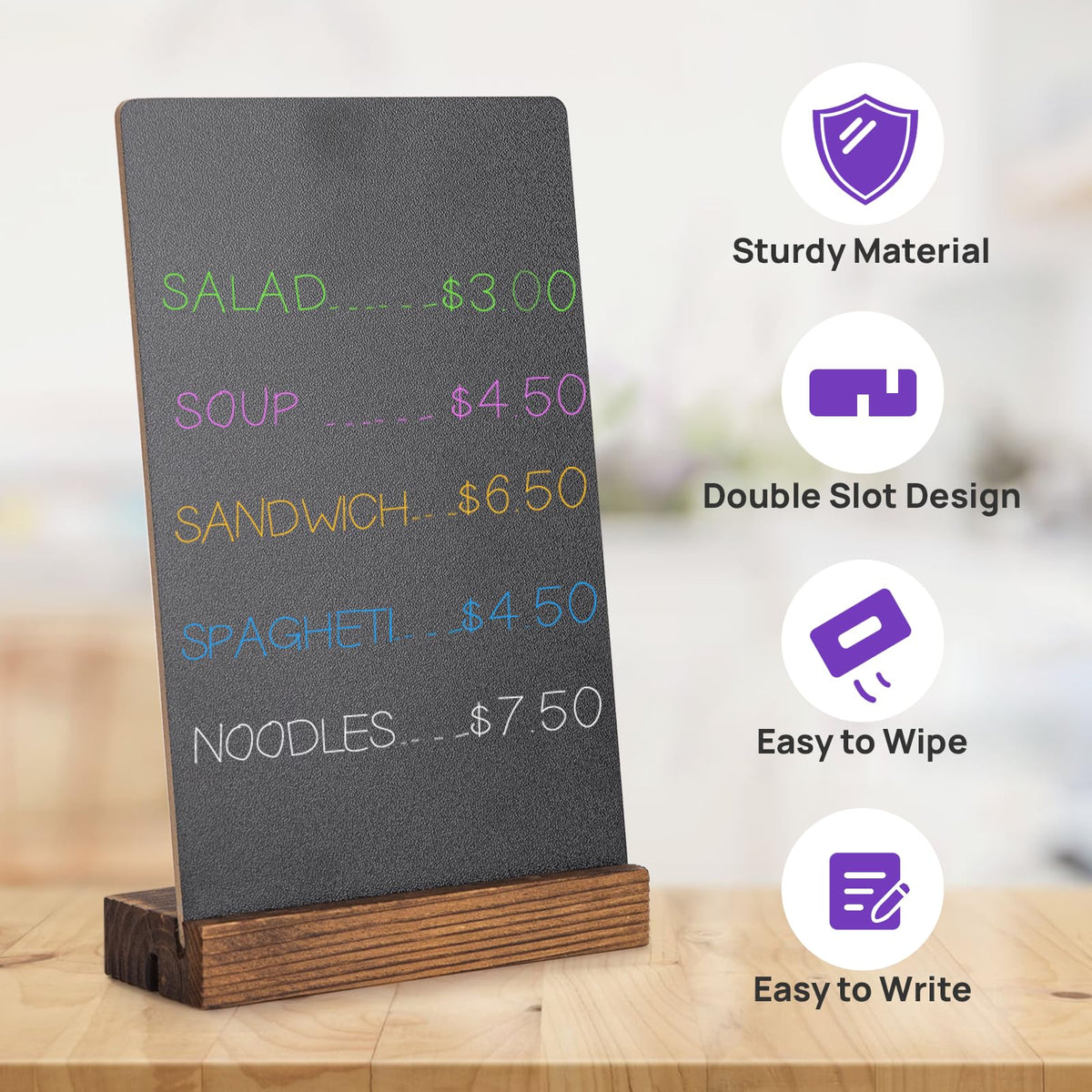 JEFURE 6Pcs Tabletop Chalkboard Sign, 7.8x5 Inch Double-Sided Message Boards, Blackboard with Base Stands for Coffee Shop, Restaurant, Home, Bar