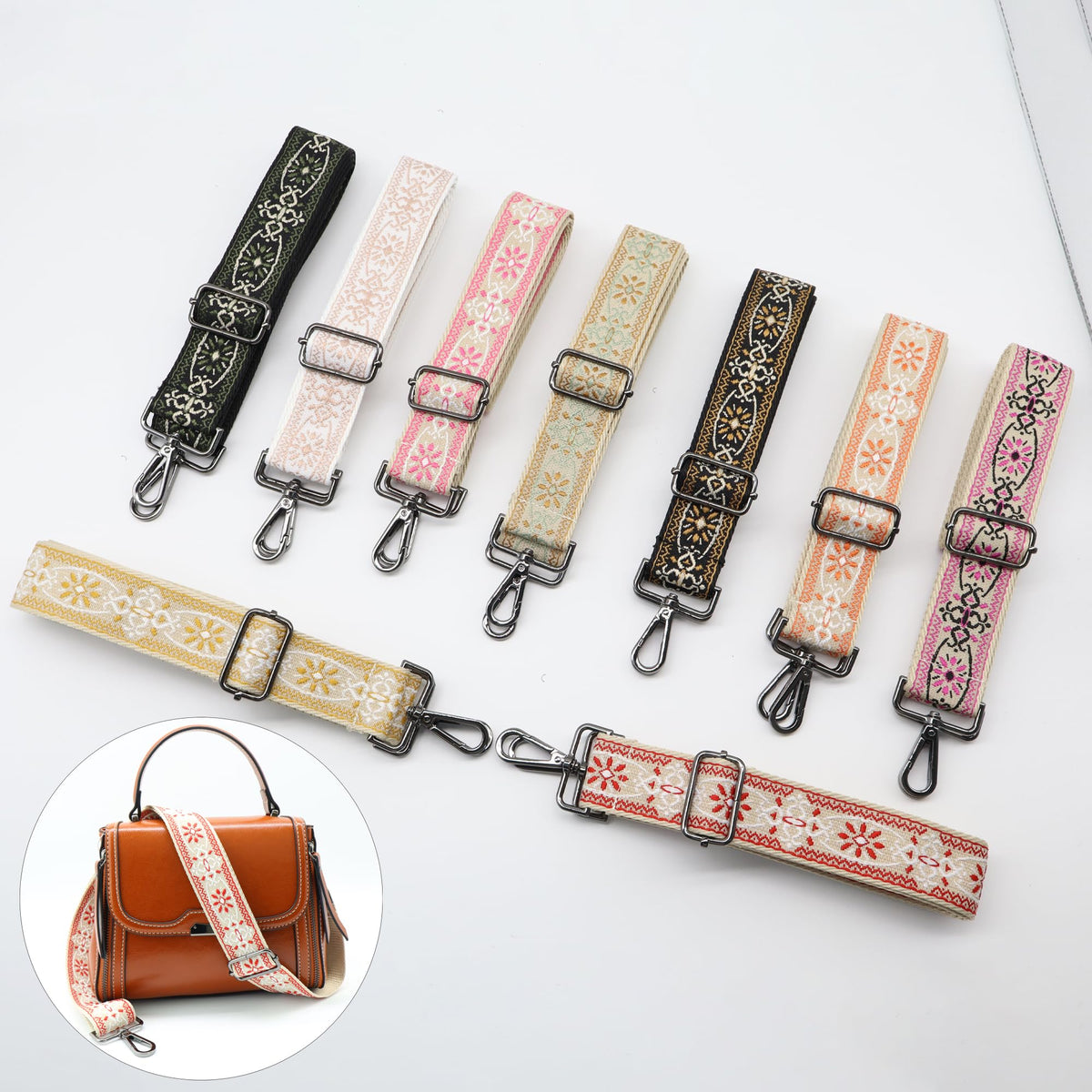 LEMEDE Purse Strap Adjustable Replacement Crossbody Bag Strap Retro Jacquard Embroidery Shoulder Straps for Canvas Bag