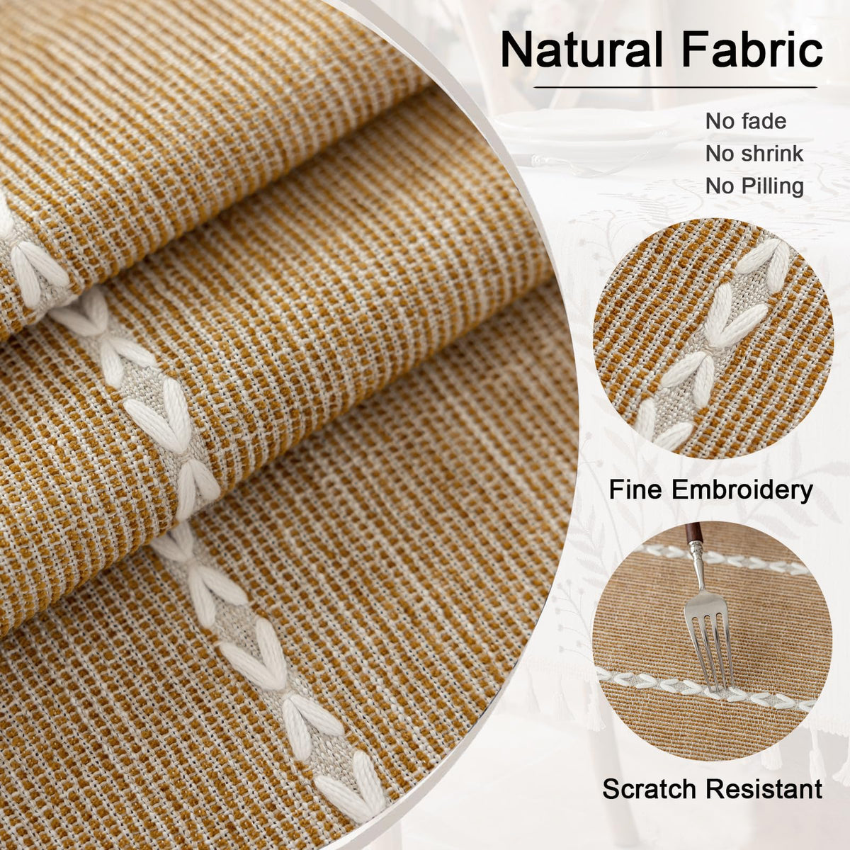 Joyfol Day Rustic Waterproof Cotton Blend Tablecloth, Heavy Weight Embroidery Table Cover for Rectangle Tables, Burlap Farmhouse Style with Coffee Line Pattern, 55" x 120"