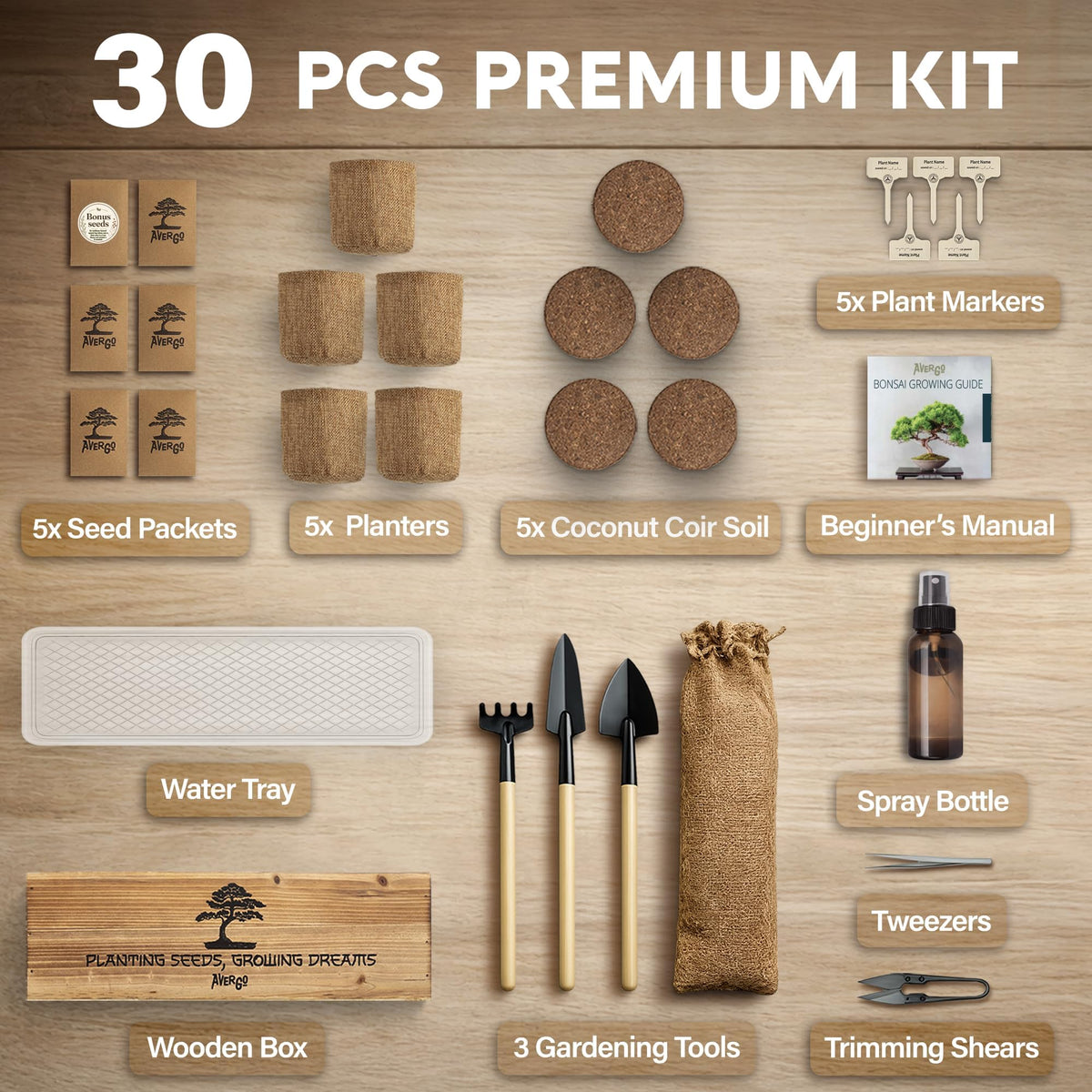 AVERGO Bonsai Tree Kit Classic - 5X Unique Japanese Bonzai Trees | Complete Indoor Bonsai Starter Kits for Growing Trees – DIY Gardening Gifts for Mother, Women & Men