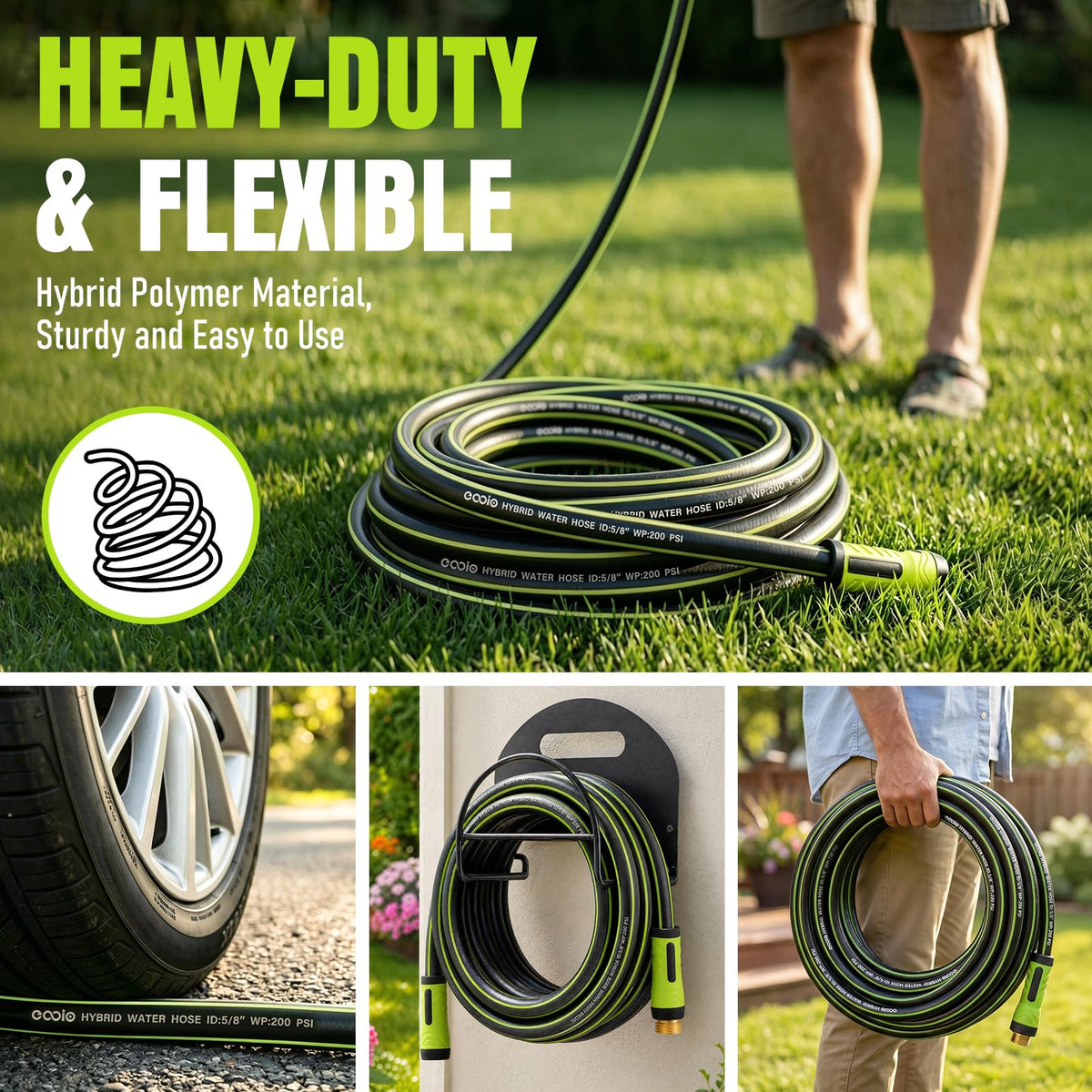Garden Hose 25ft x 5/8", Heavy Duty Water Hose, Flexible and Durable, Kink Resistant Lightweight Hybrid Hose, Leakproof Yard Hose with Male to Female Fittings