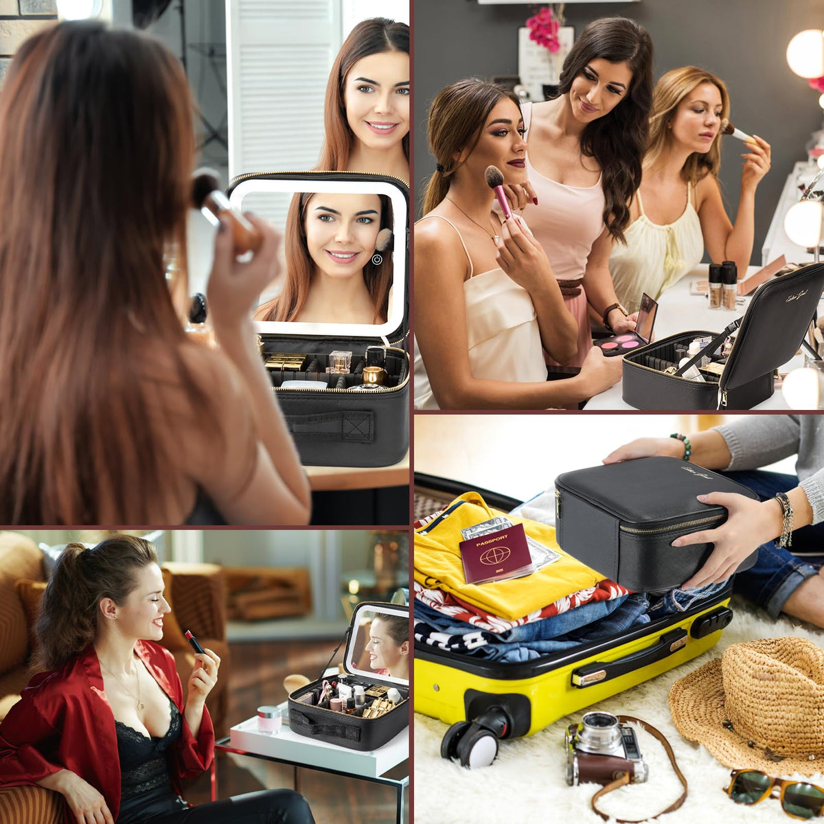 Extrei Gent Makeup Travel Train Case with Mirror LED Light 3 Adjustable Brightness Large Cosmetic Bag Portable Storage Adjustable Partition Waterproof Makeup Brushes Make up Jewelry Gift for Women